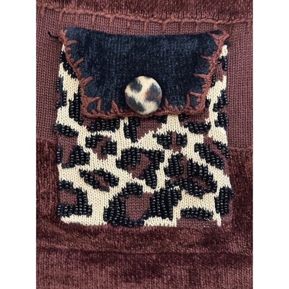 Berek Sweater Womens L Brown Animal Print Leopard Beaded Cardigan Button Vintage - Picture 11 of 16